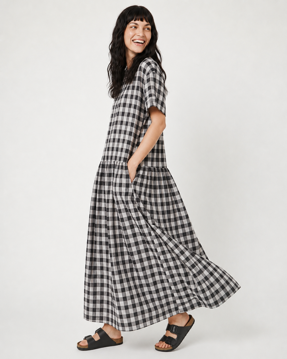 Drew Black Gingham Midi Dress