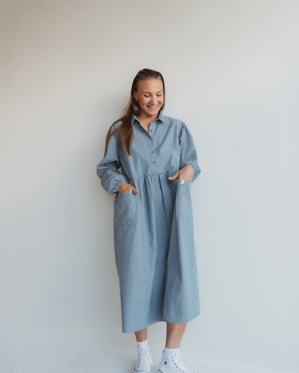 Magda Blue Pinstripe Print Long Sleeve Midi Dress- image 4