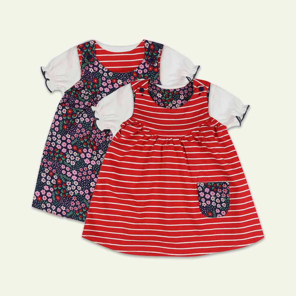 Multicoloured Stripe And Dark Floral Print Dress And Top Set
