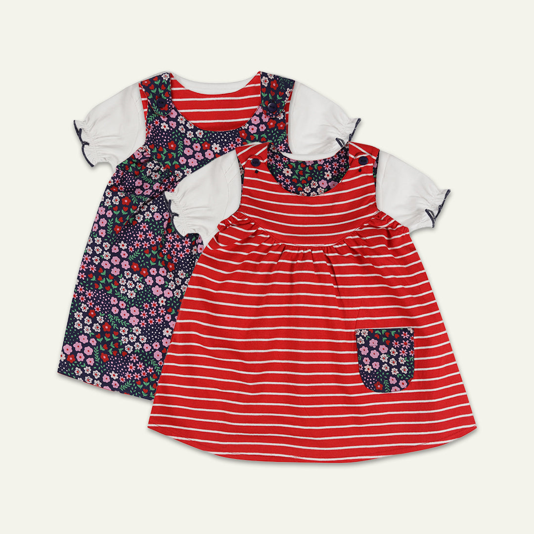Multicoloured Stripe And Dark Floral Print Dress And Top Set