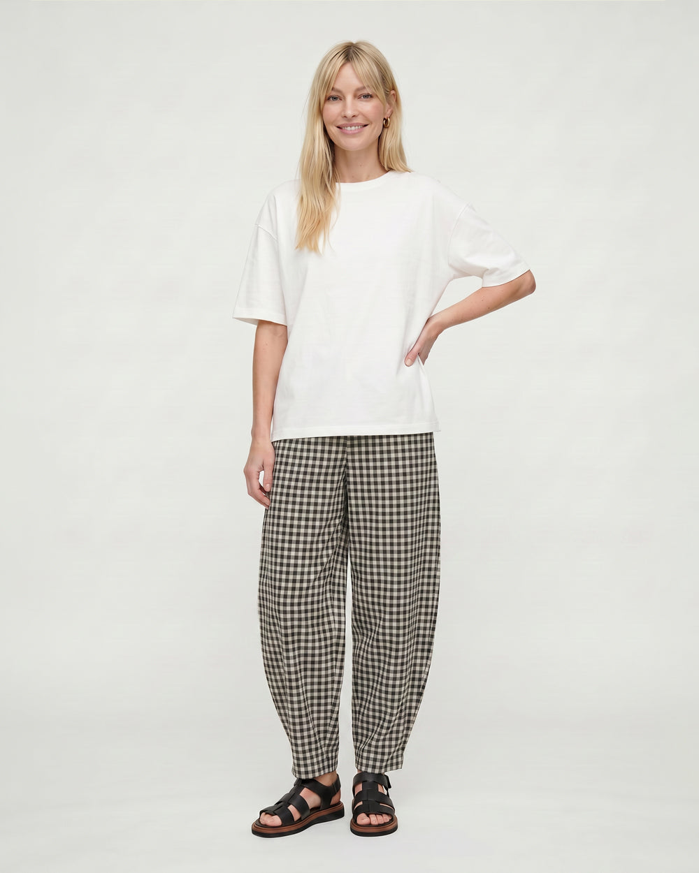 PREORDER Kate Black Check Barrel Leg Trouser