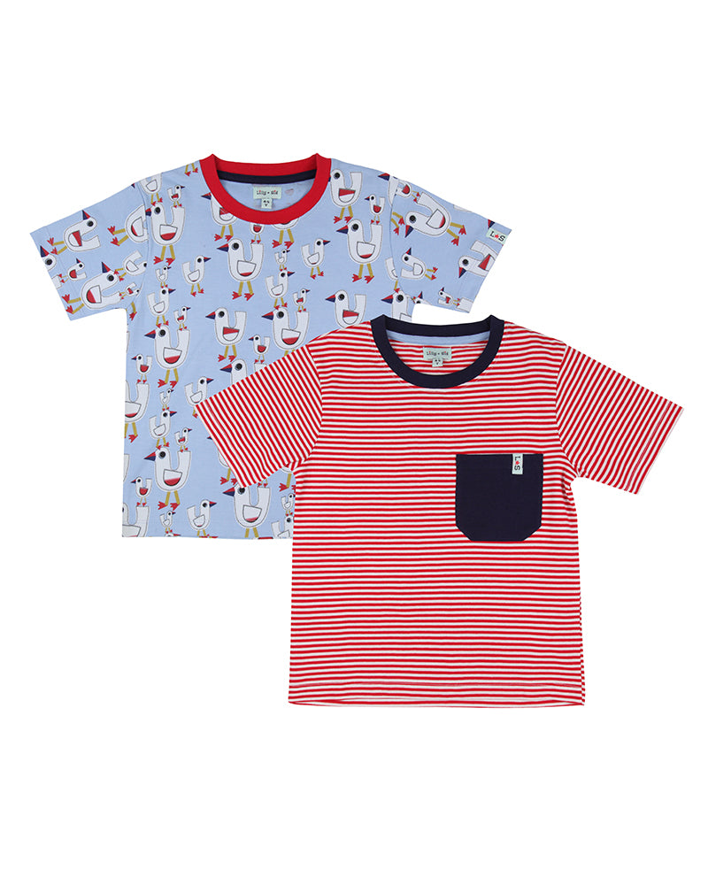 Multicoloured Seagull And Stripe Print T-Shirts - 2 Pack