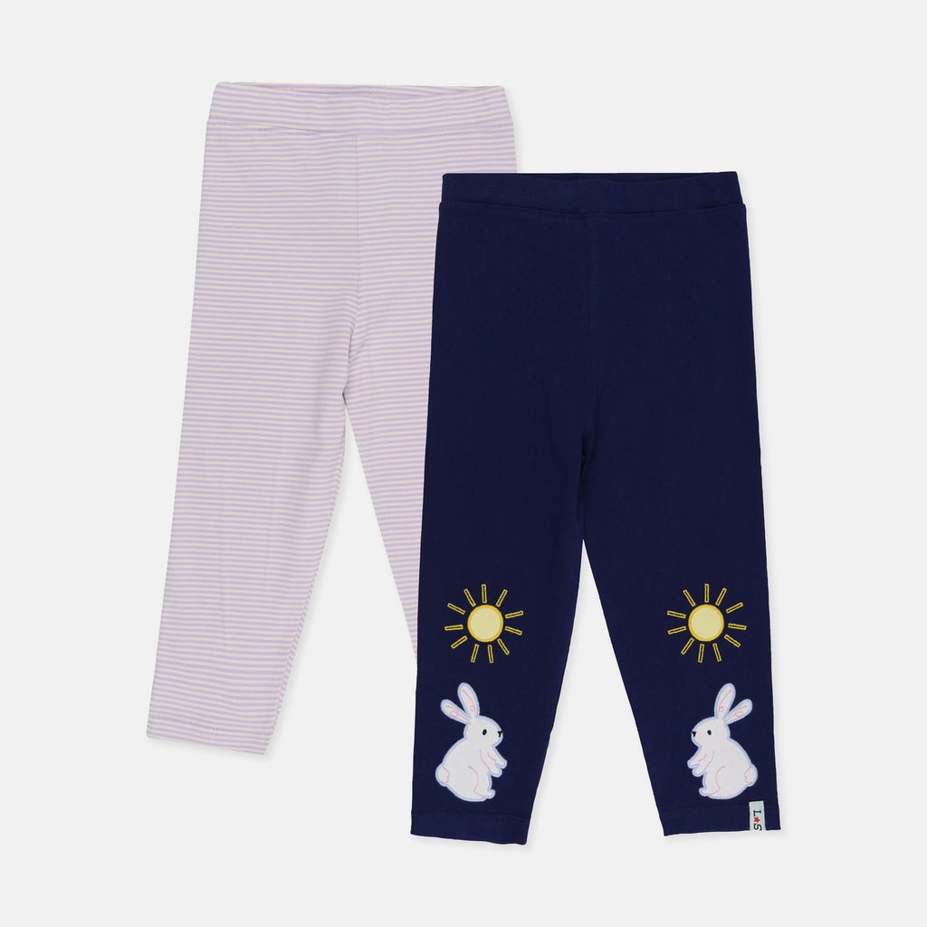 Multicoloured Bunny Applique And Stripe Print Leggings - 2 Pack