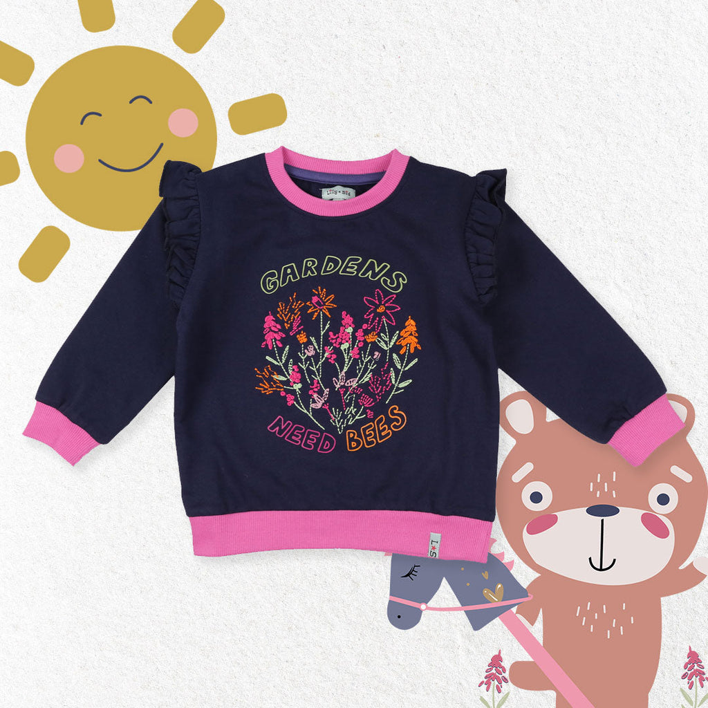 Navy Gardens Need Bees Slogan Embroidered Sweatshirt