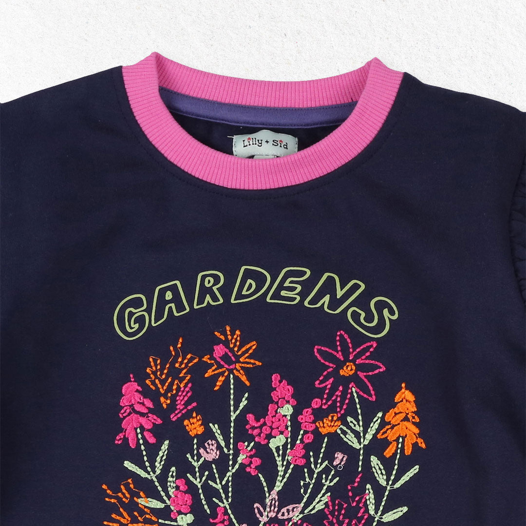 Navy Gardens Need Bees Slogan Embroidered Sweatshirt