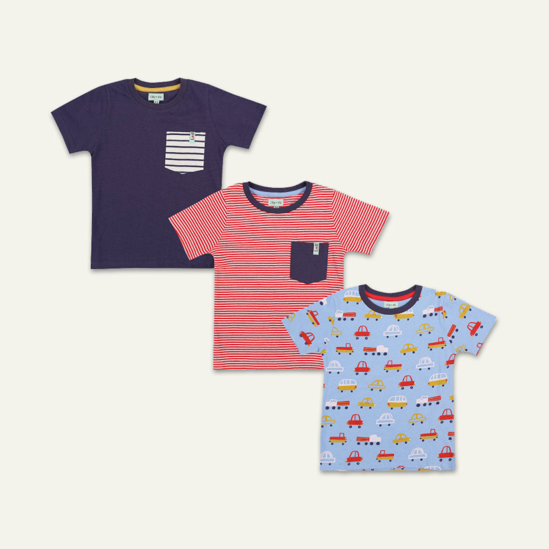 Multicoloured Car, Stripe Print And Plain T-Shirts - 3 Pack