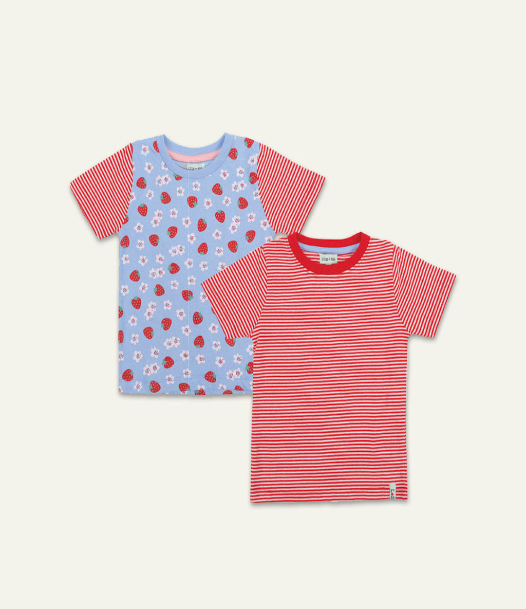 Multicoloured Strawberry and Stripe Print T-Shirts -2 Pack