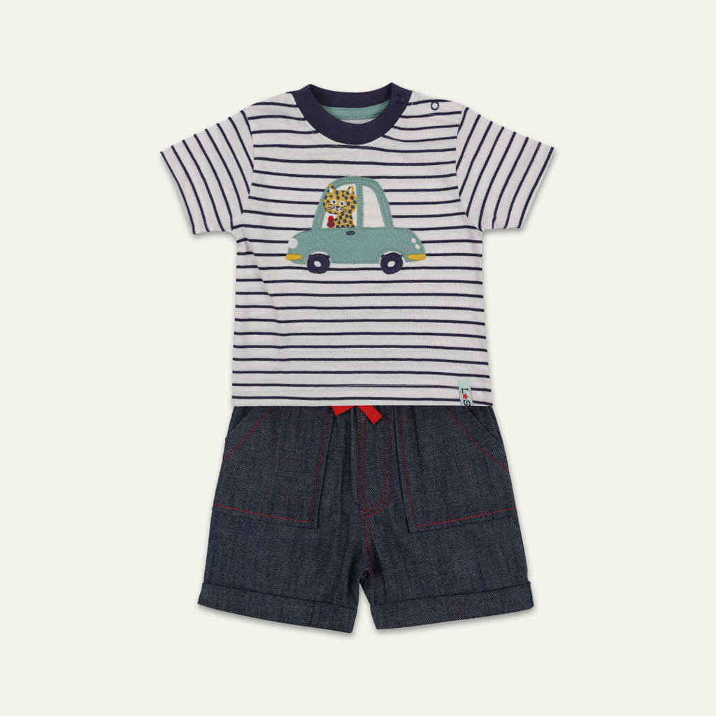 Multicoloured Car Applique T-shirt And Short Set