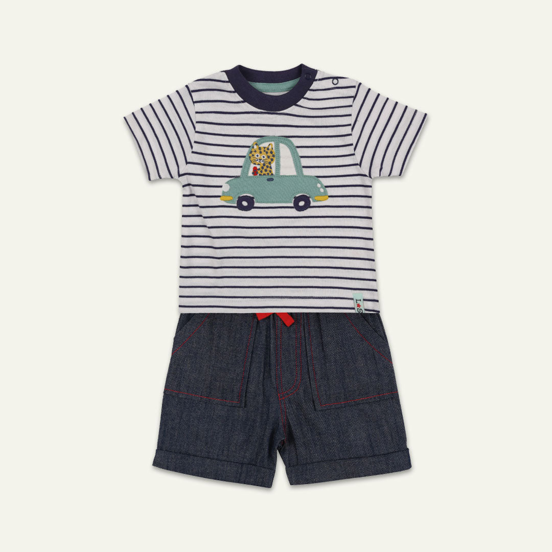 Multicoloured Car Applique T-shirt And Short Set