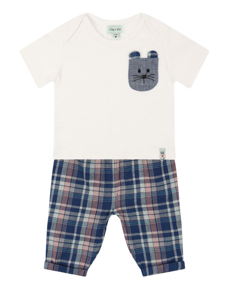 Navy Check Print T-shirt And Trouser Set