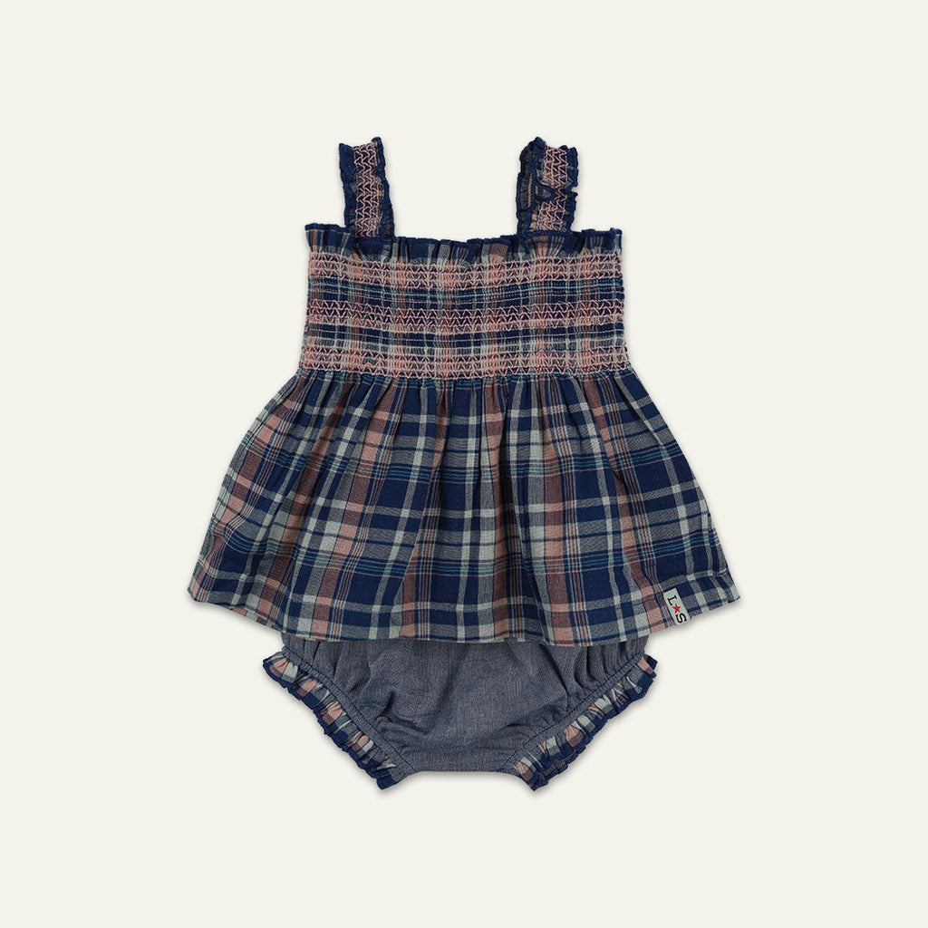 Navy Check Print Dress And Pant Set