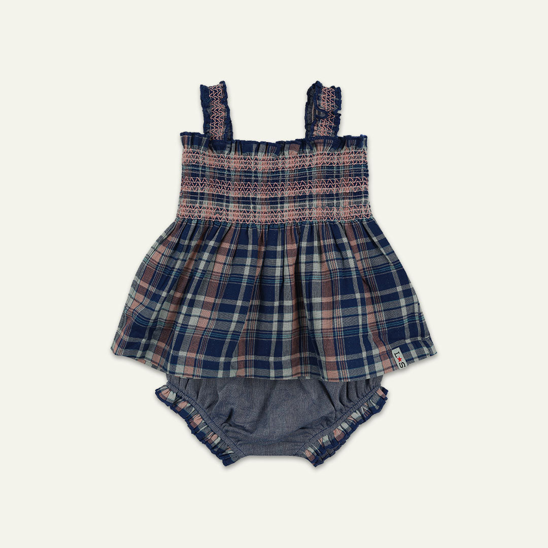 Navy Check Print Dress And Pant Set
