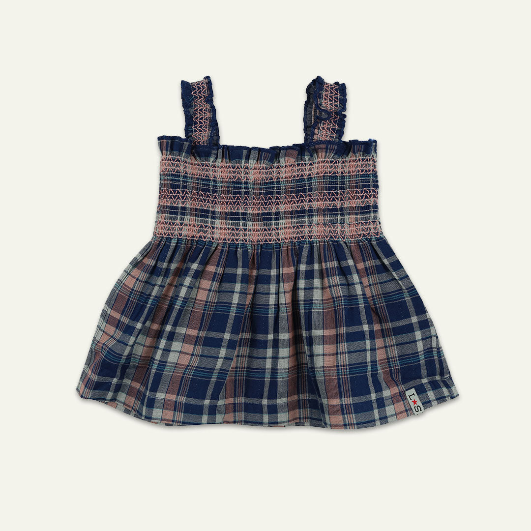 Navy Check Print Dress And Pant Set