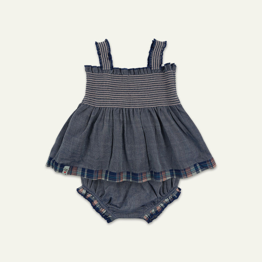 Navy Check Print Dress And Pant Set