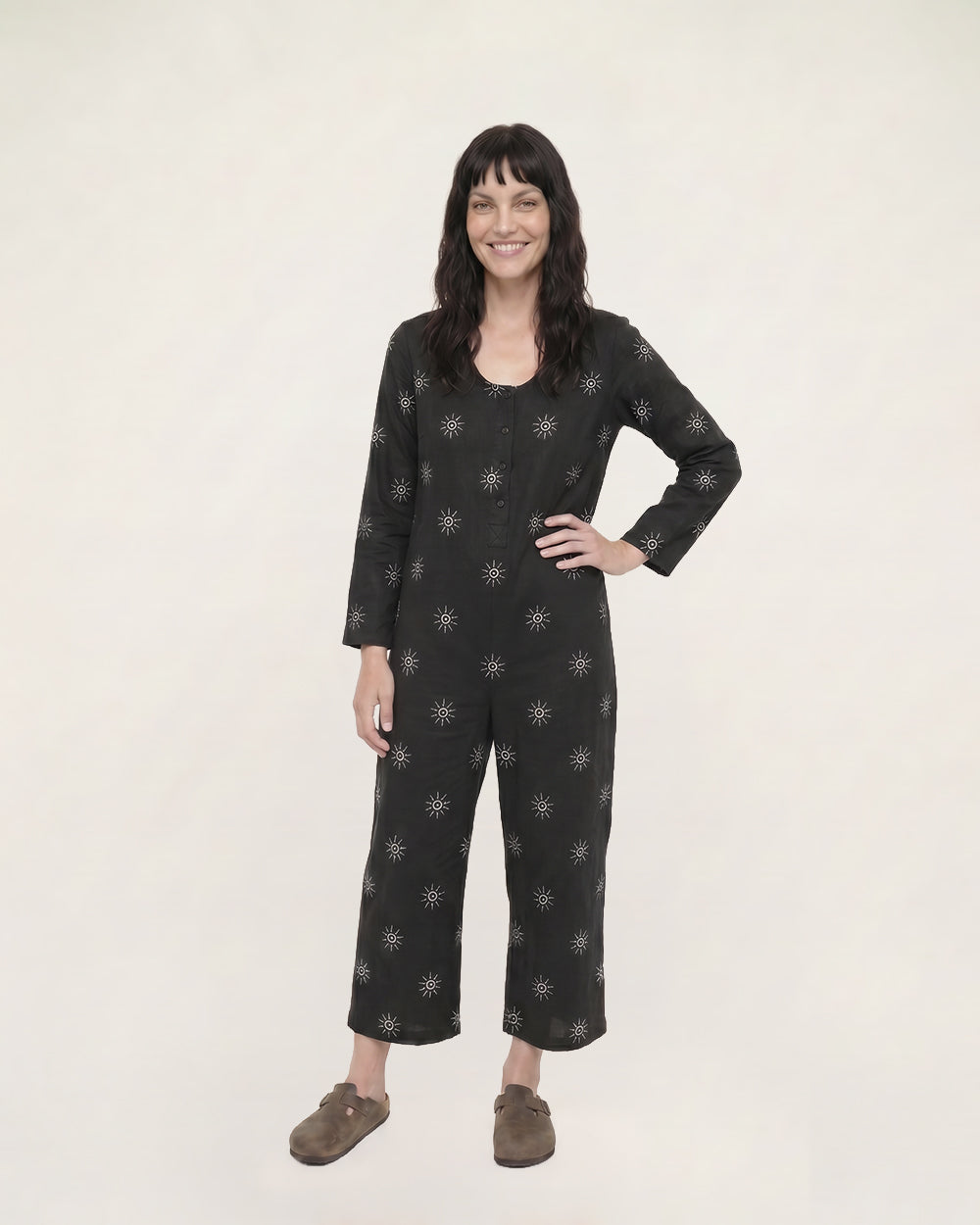 PREORDER - Mai Black Starburst Print V-Neck Jumpsuit