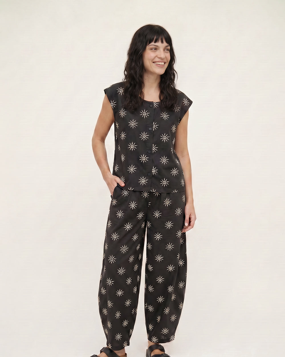 PREORDER - Jae Black Starburst Print Barrel Leg Trouser