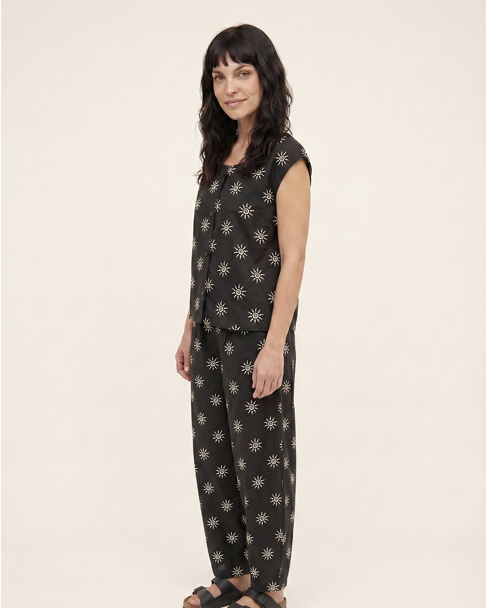 PREORDER - Jae Black Starburst Print Barrel Leg Trouser