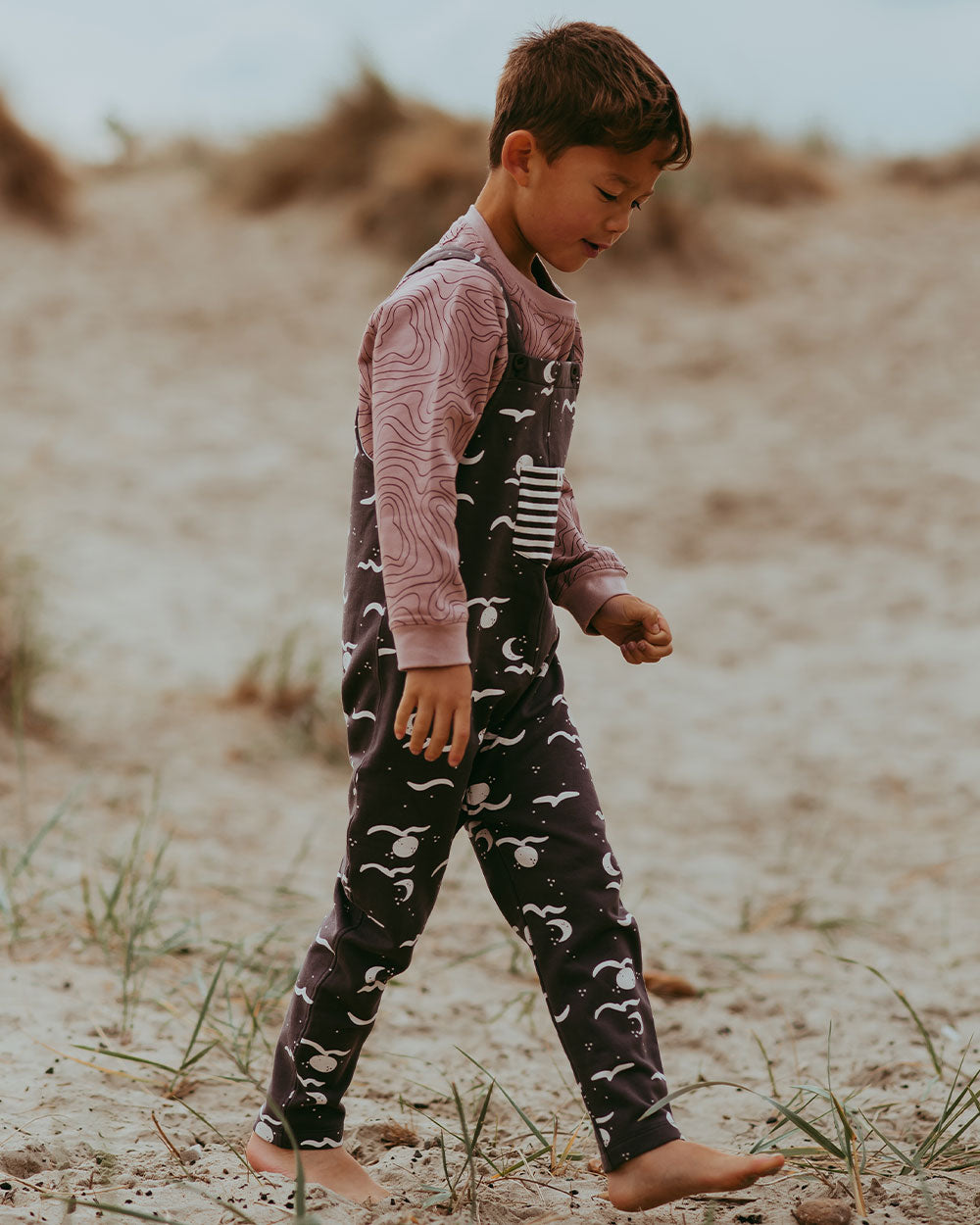 GOTS certified organic cotton Charcoal Grey Moon Wave Print Dungarees - image 1