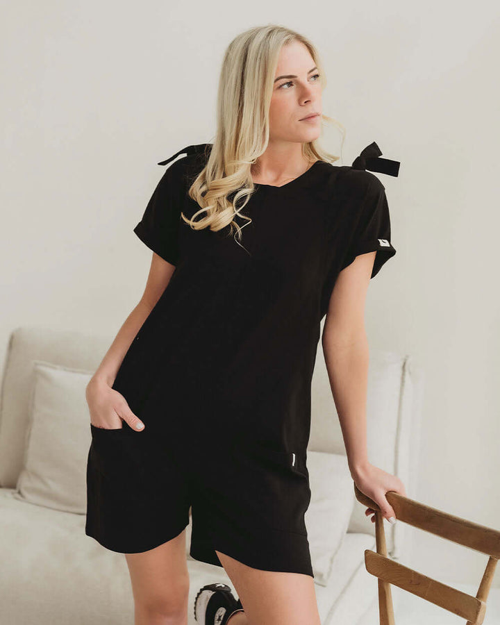 Black womens short dungarees