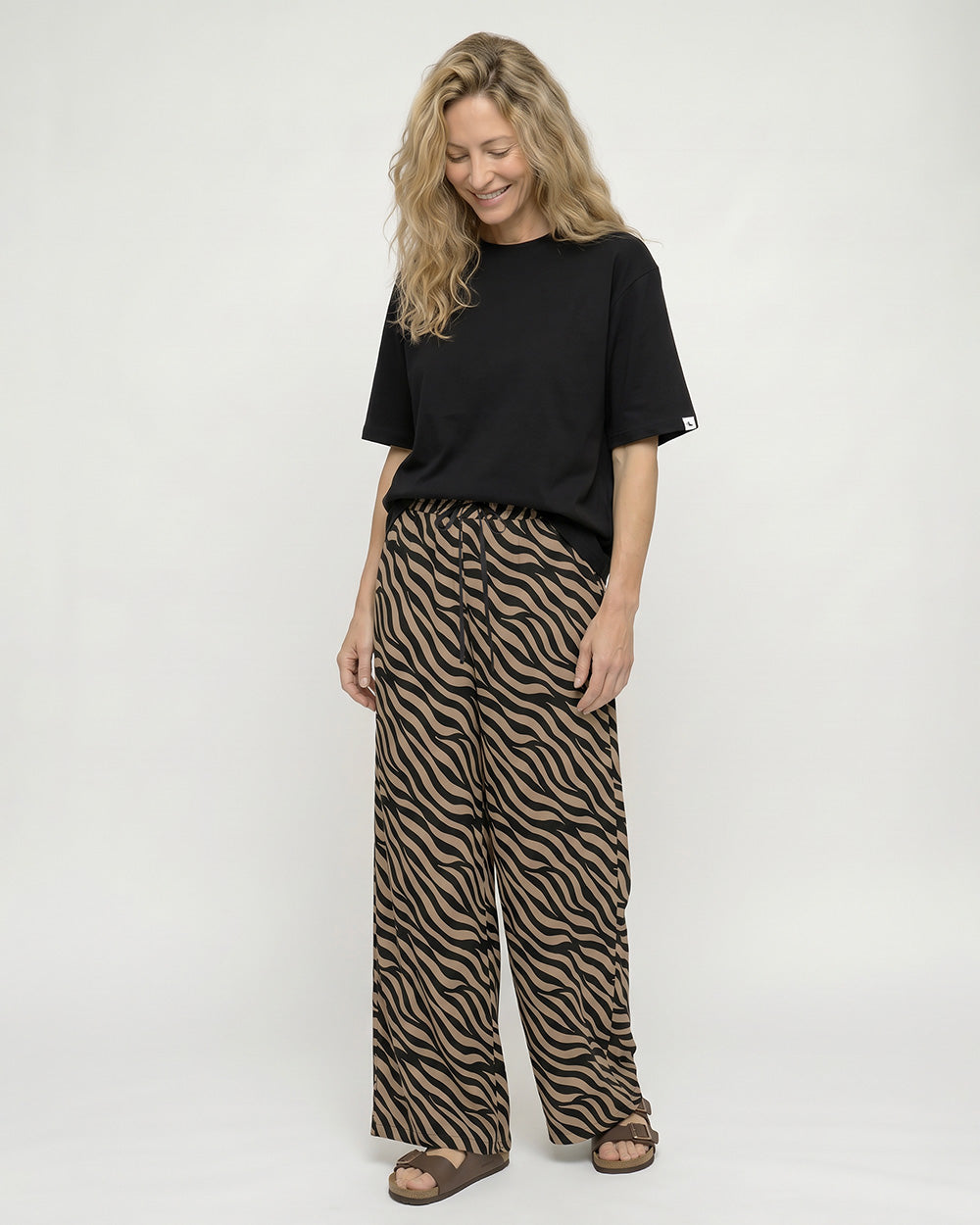PREORDER - Thi Brown Tiger Stripe Print Wide Leg Trouser