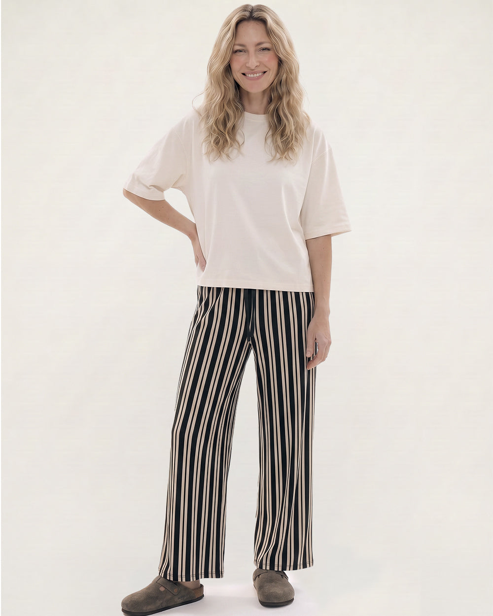 PREORDER - Thi Black Stripe Print Wide Leg Trouser