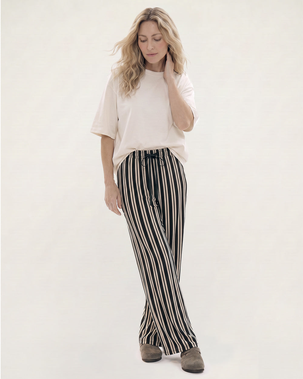 PREORDER - Thi Black Stripe Print Wide Leg Trouser