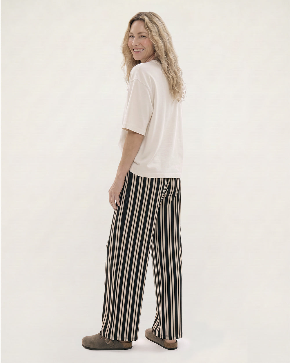PREORDER - Thi Black Stripe Print Wide Leg Trouser
