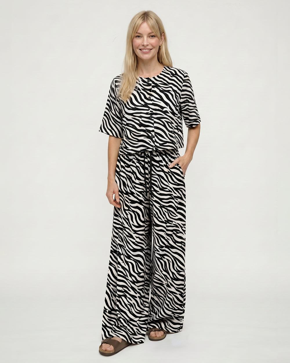 Elle Cream Tiger Print Button Front Top