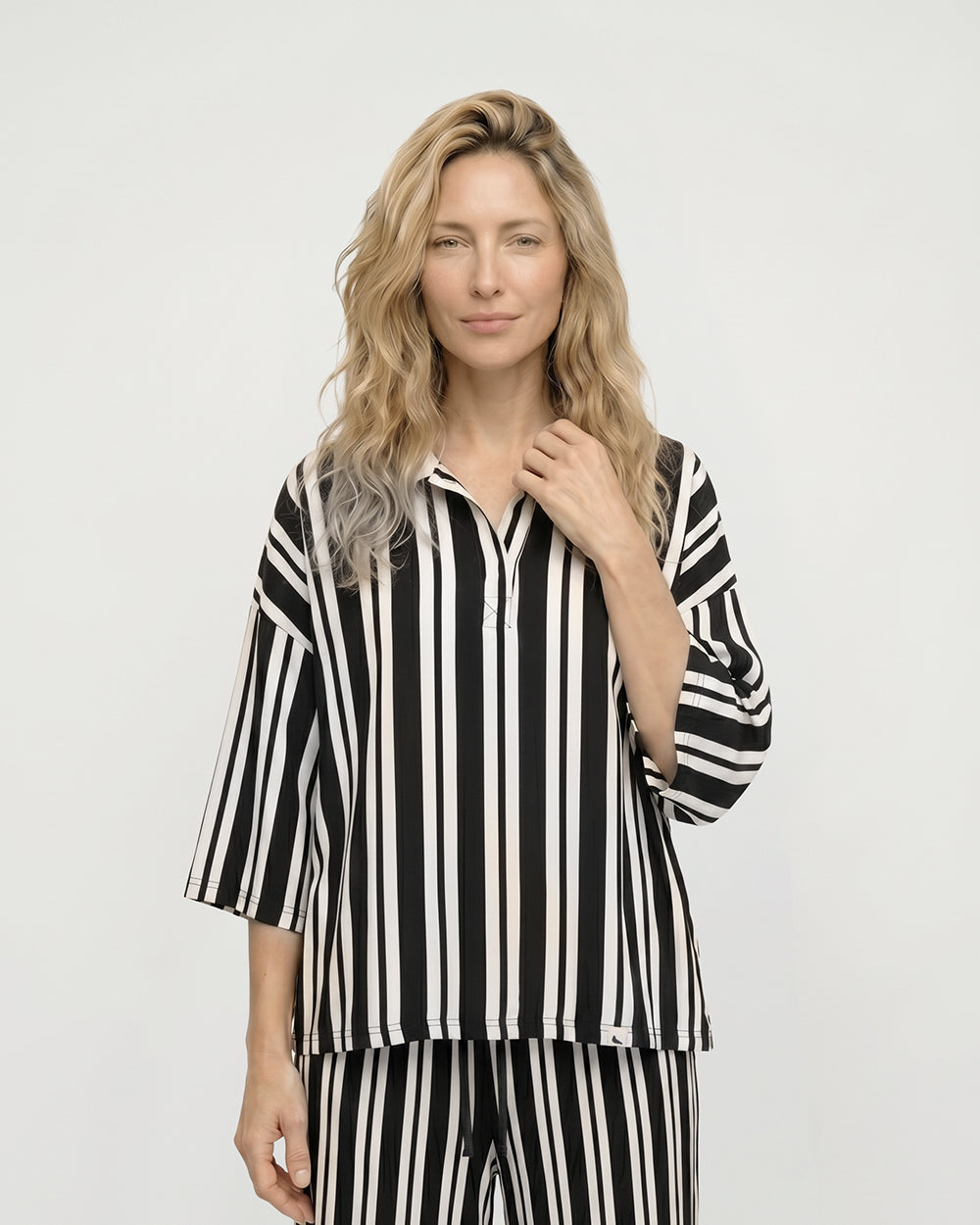 PREORDER Vi Brown Stripe Print V-Neck Shirt