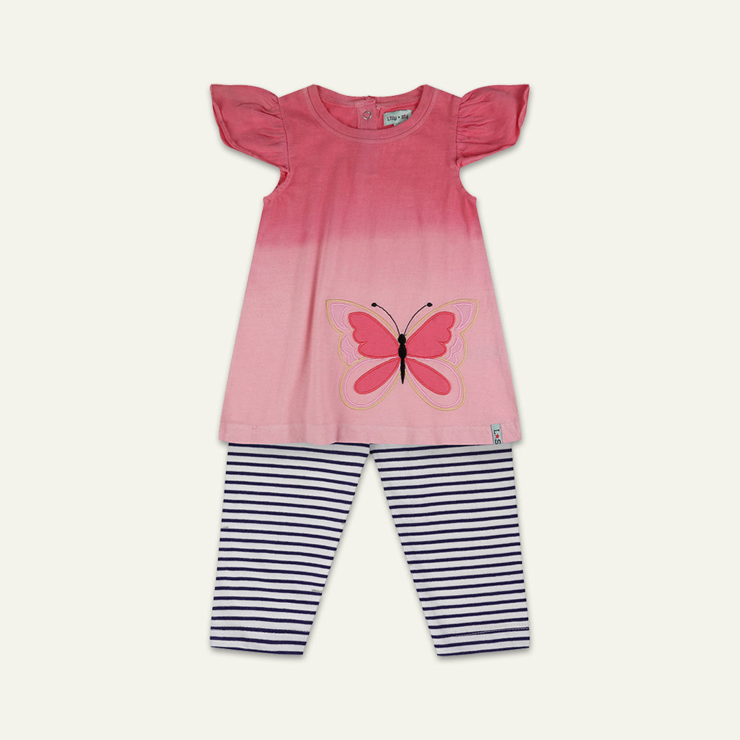 Multicoloured Butterfly And Stripe Print Dress And Legging Set