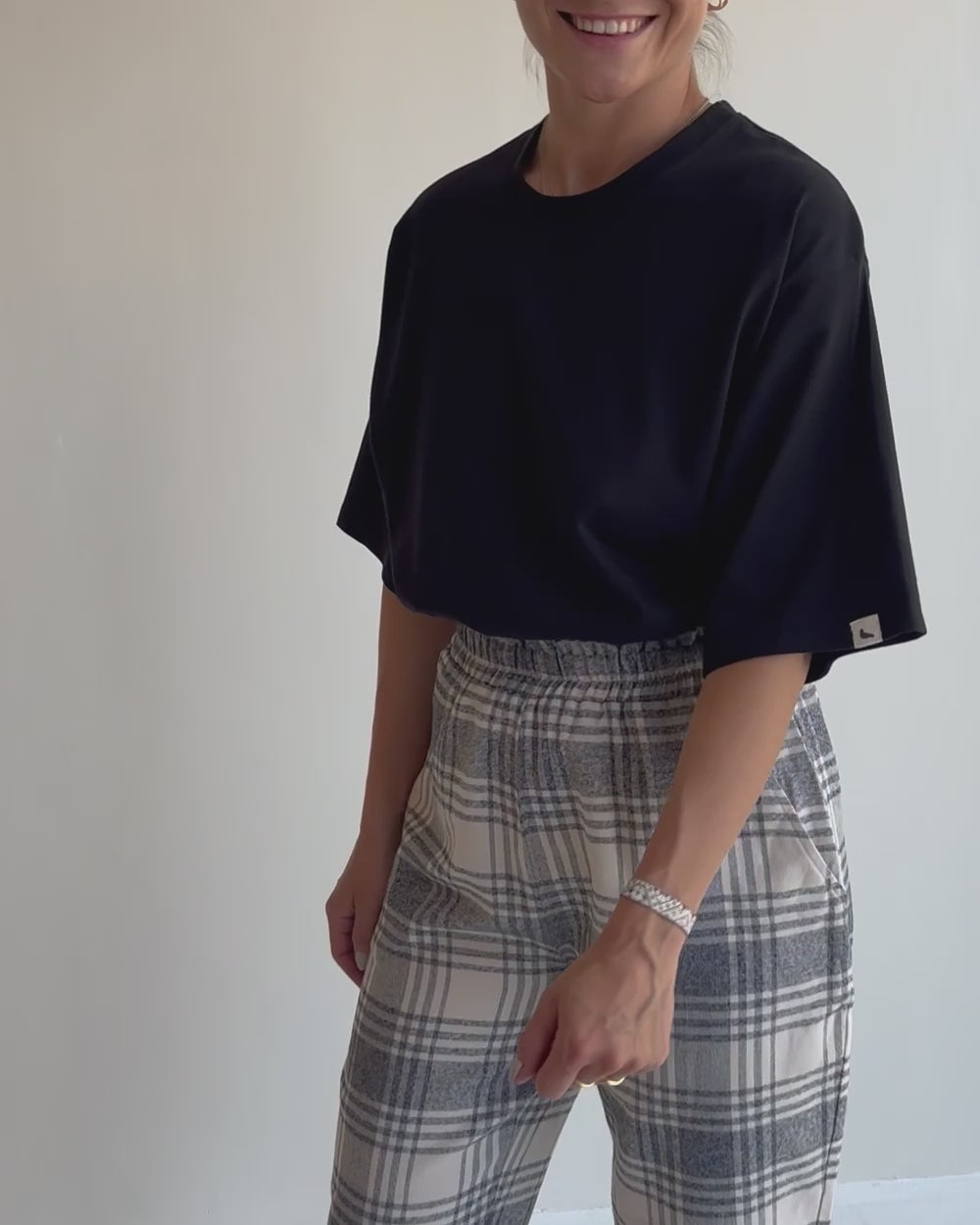 video showing Kate Multicolour Brushed Check Print Barrel Leg Trousers 