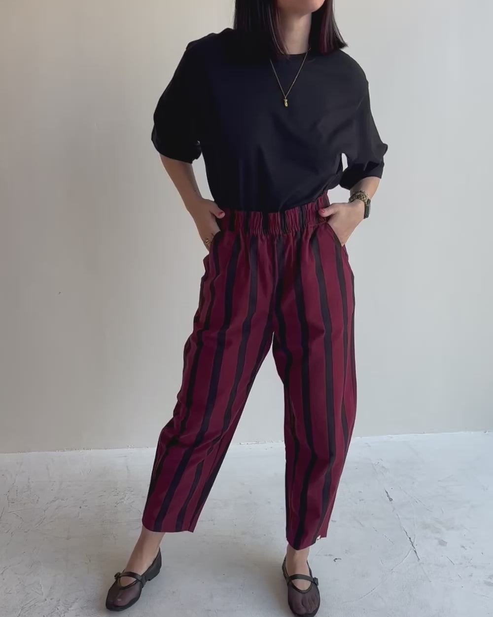 video showing Kate Red Stripe Print Barrel Trousers 