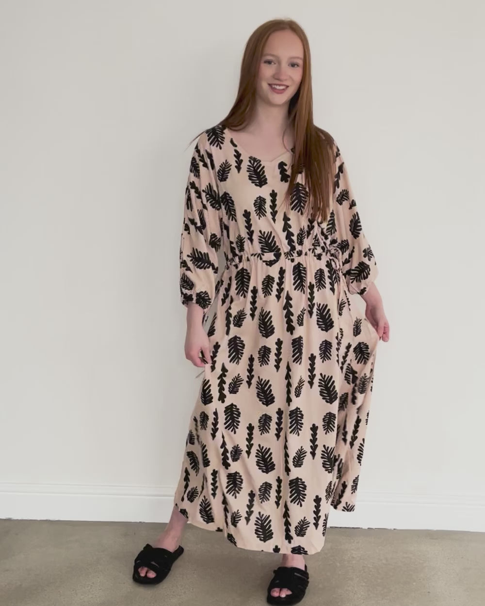 video showing Eco viscose in Kaya Cream Seaweed Print Maxi Dress
