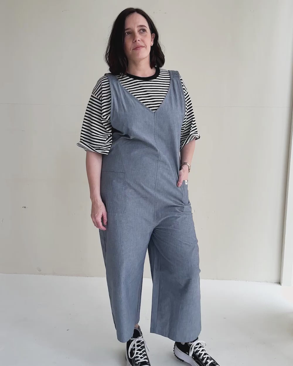 video showing Grace Blue Denim Wide Leg Jumpsuit