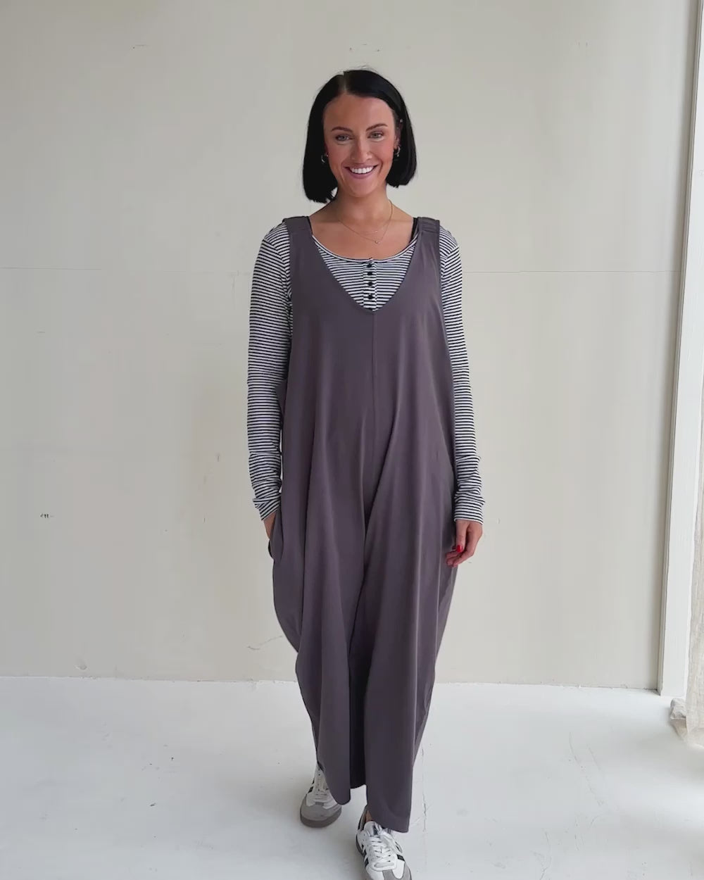 video showing organic cotton Grace Charcoal Grey Wide Leg Jumpsuit 
