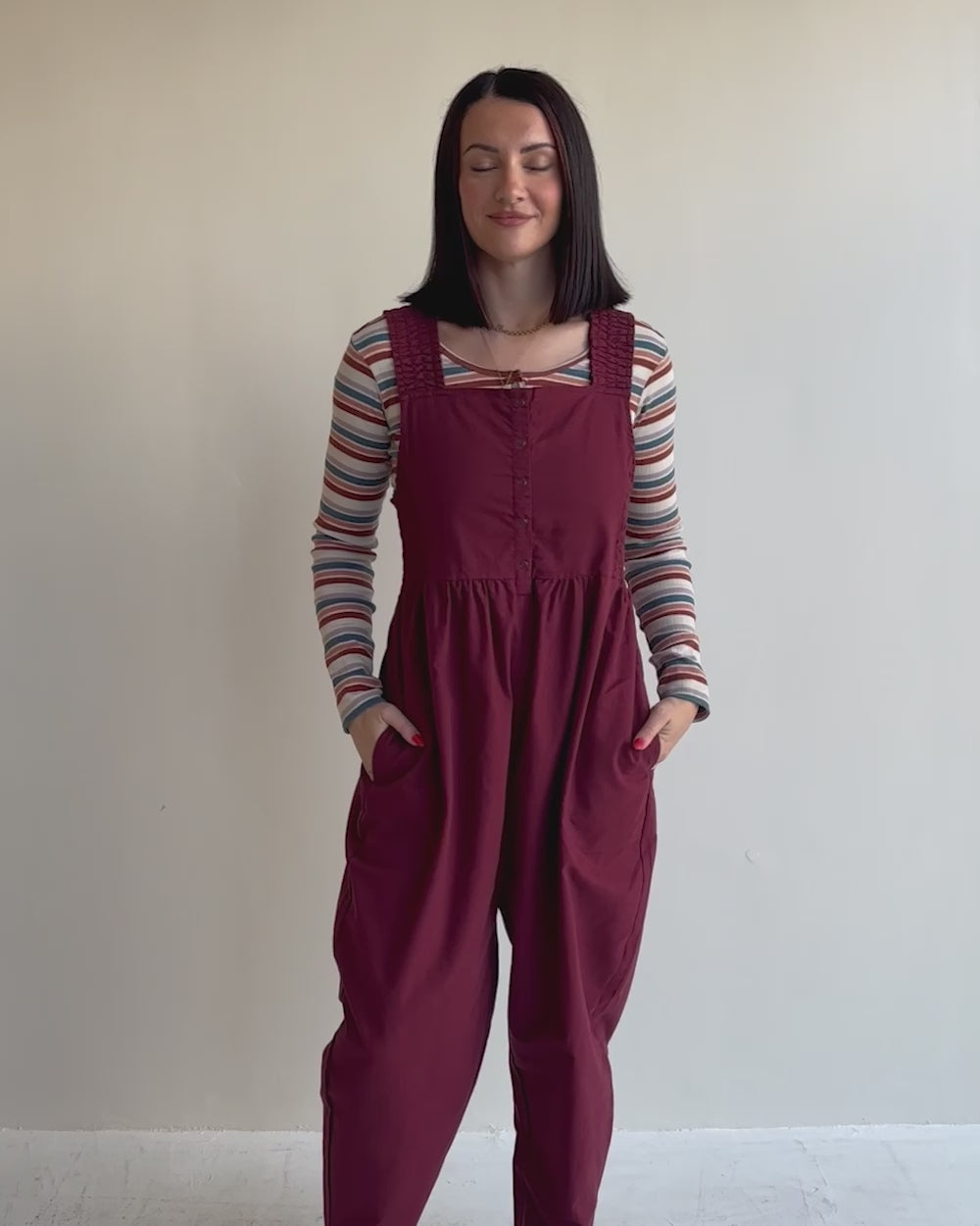 video showing Alice Red Smocking Strap Jumpsuit