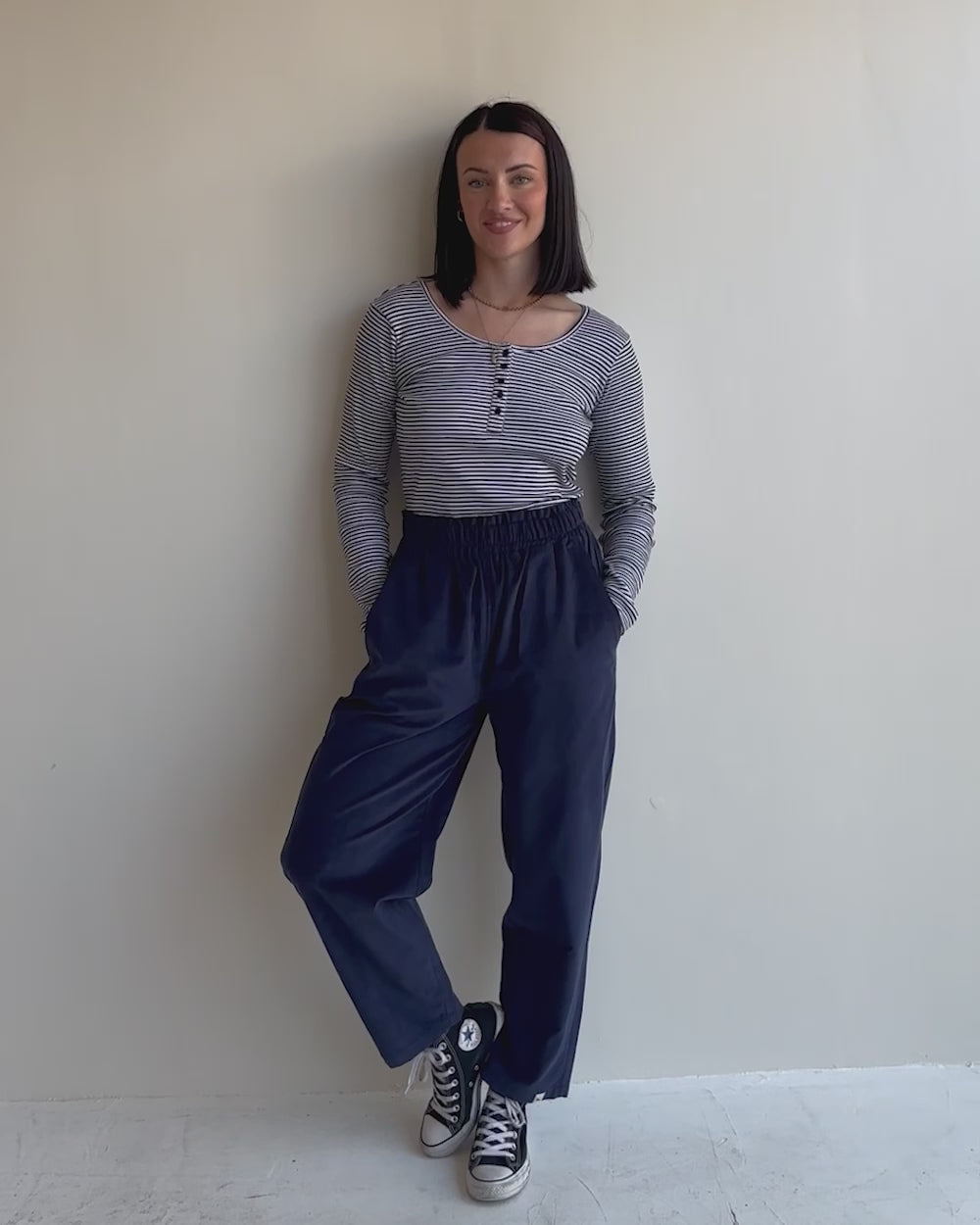 video showing Kate Navy Barrel corduroy  Leg Trousers 