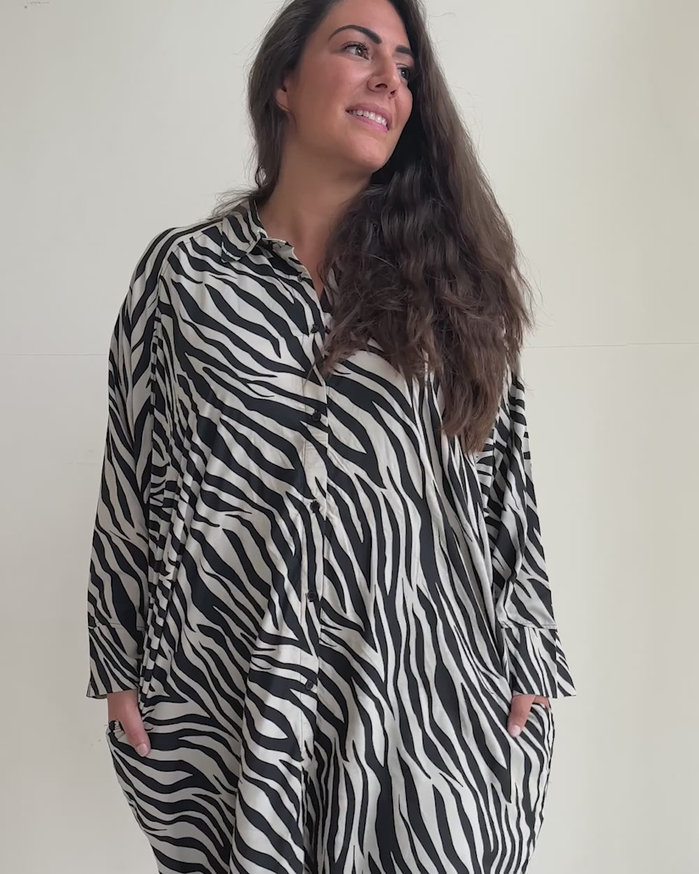 video showing Jess Multicolour Zebra Streak Midi Shirt Dress