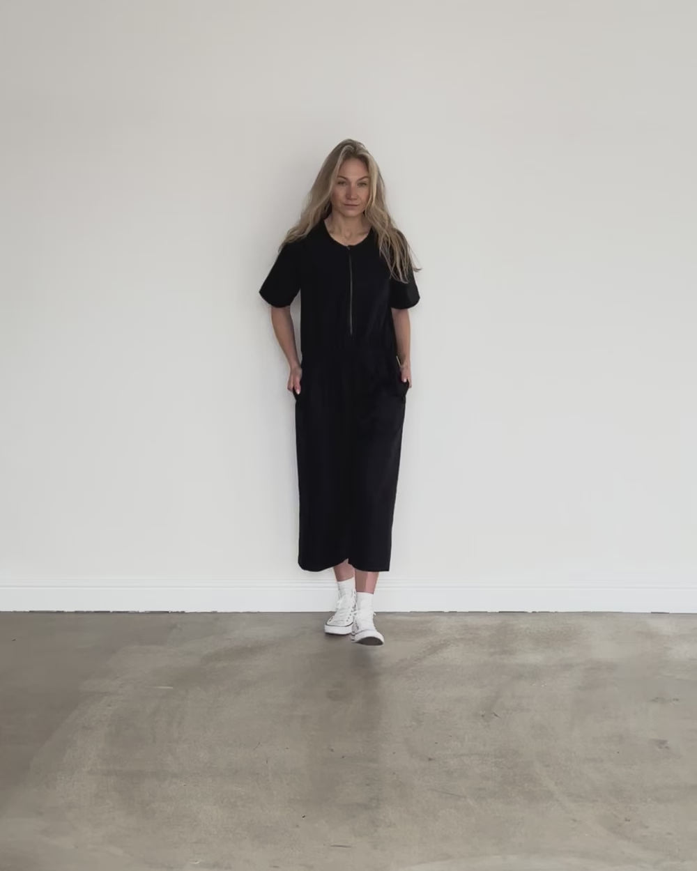video showing Ethel Black Jumpsuit with zip at the front 