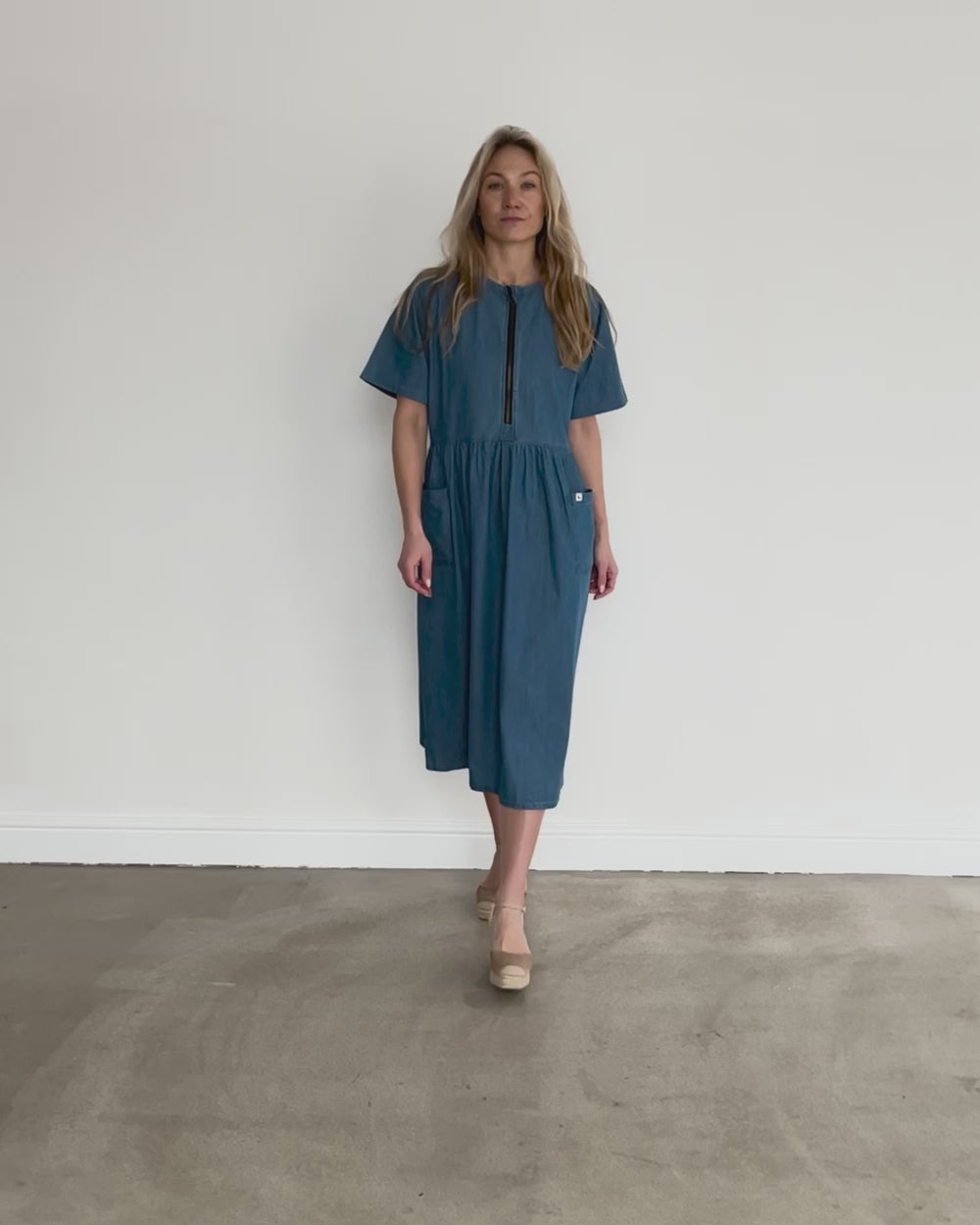 video showing Magda Blue Short Sleeve Midi Dress