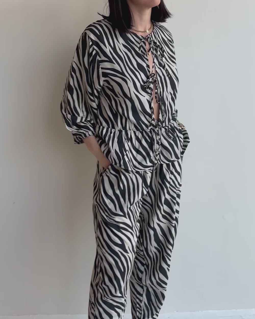video showing Kate Multicolour Zebra Streak Print Barrel Leg Trousers 