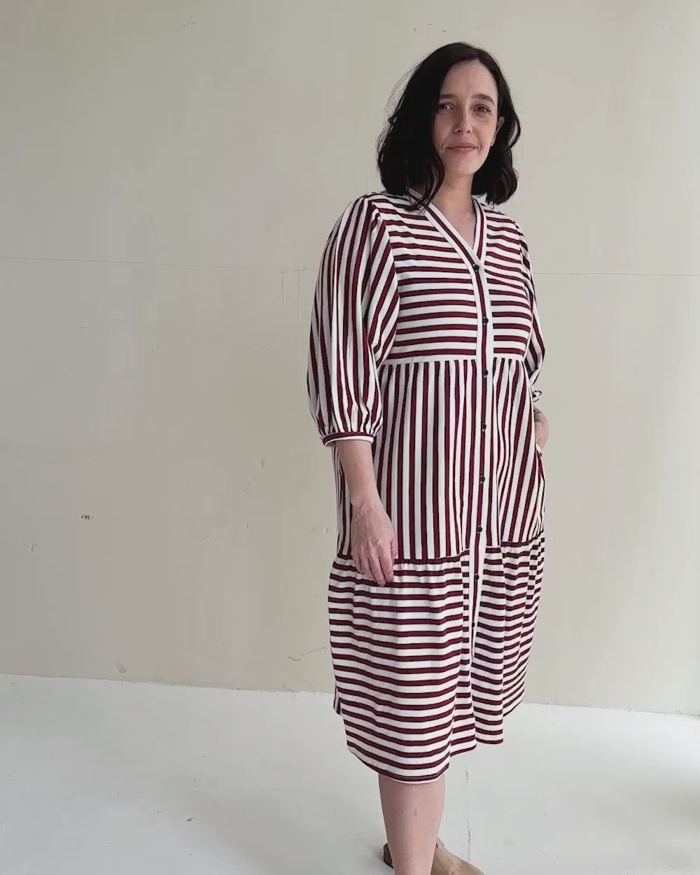 video showing Clara Red Horizontal Stripe Print Midi Dress