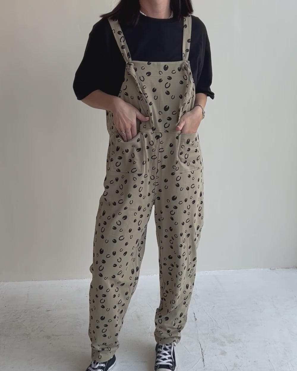 video showing Lila Grey Equestrian Print Dungarees
