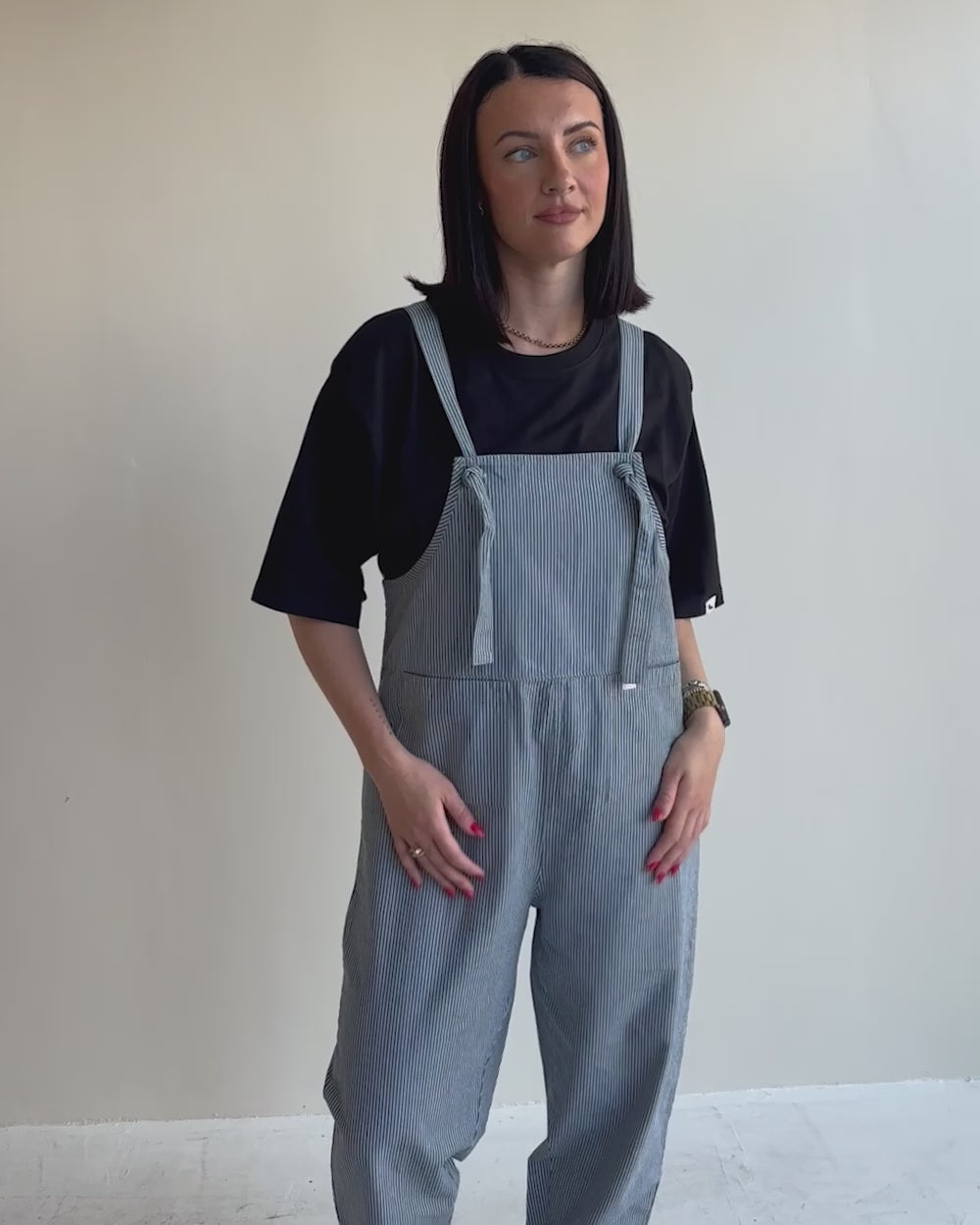 video showing Lila Blue Pinstripe Print Dungarees 