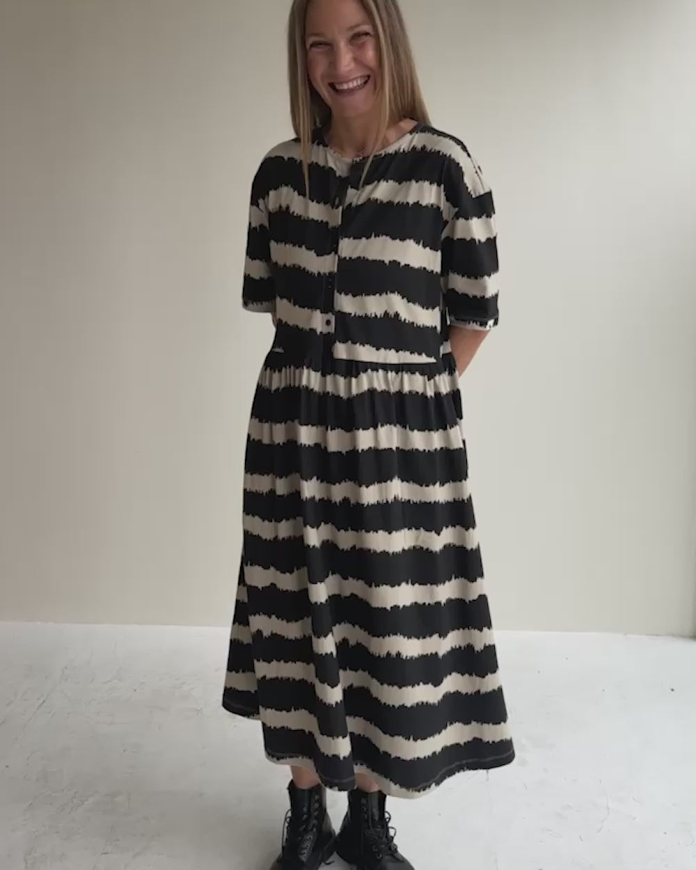 video showing Eco friendly azo free Matilda Black Wavy Stripe Midi Dress
