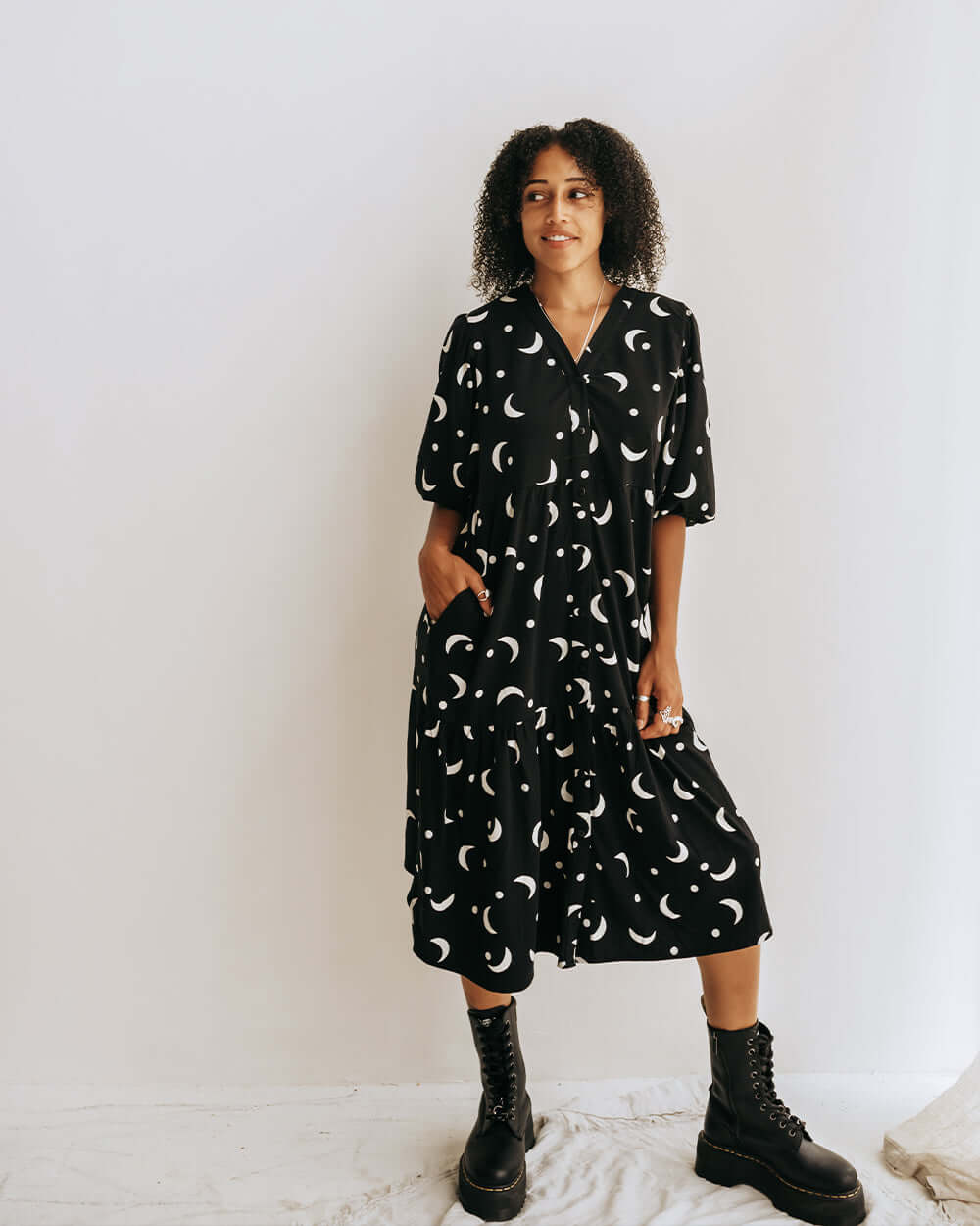 organic cotton Clara Black Half Moon Print Midi Dress - image 3