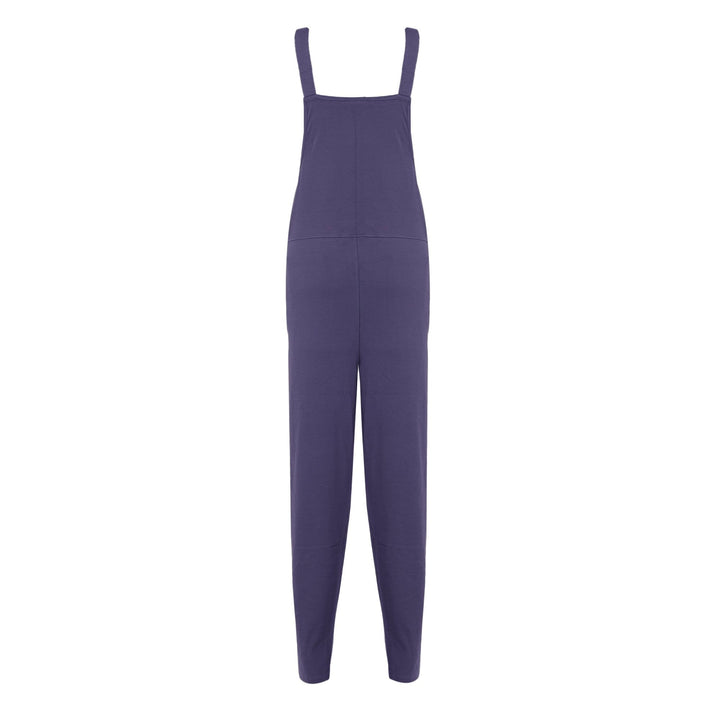 Lila Dark Blue sleeveless womens dungaree featuring wide straps and a straight neckline, showcased on a white background. The fabric looks soft and stretchy, boasting a seamless design that highlights simplicity and elegance.