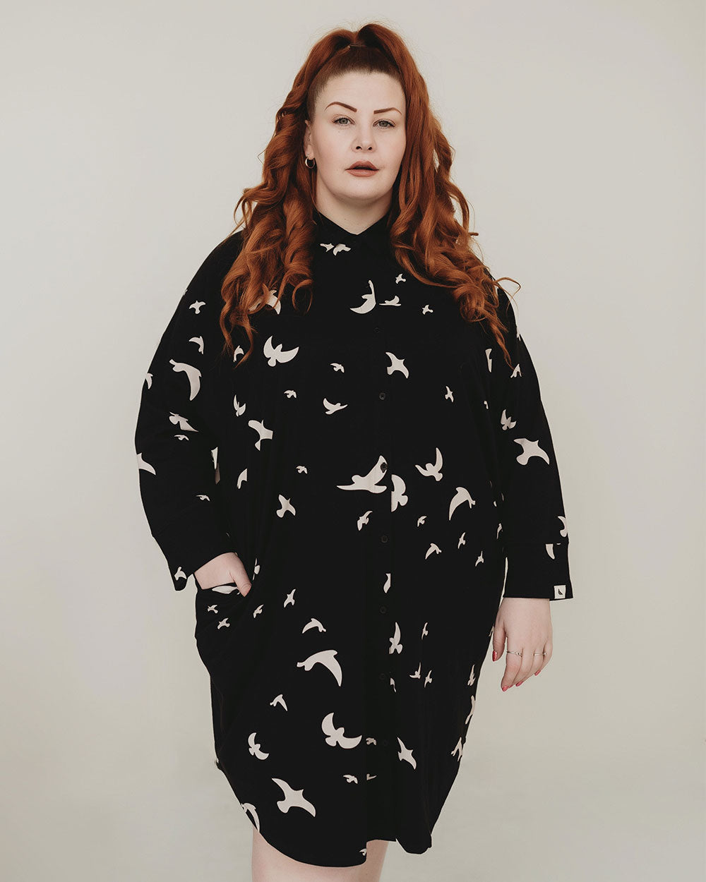 organic cotton Jess Black Flying Bird Print Mini Shirt Dress - image 1