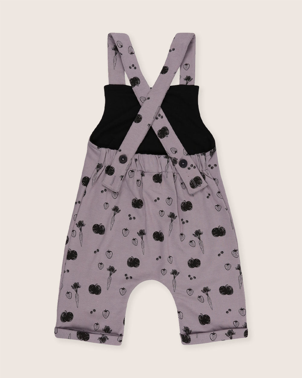 Purple printed organic cotton short kids dungarees